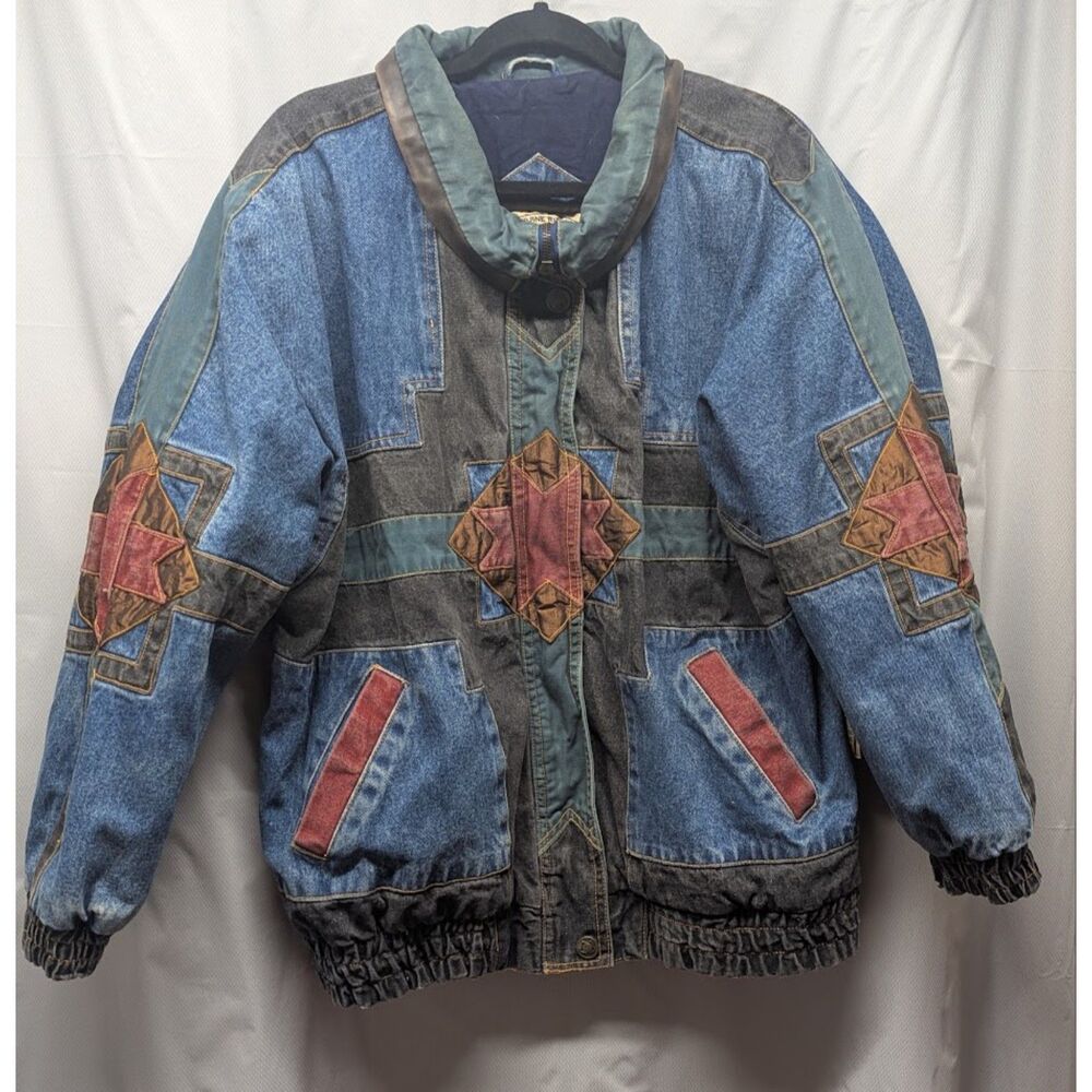 Vtg 90s IZZI Southwestern Aztec Patchwork Denim Bomber Jacket XL 2XL Oversized